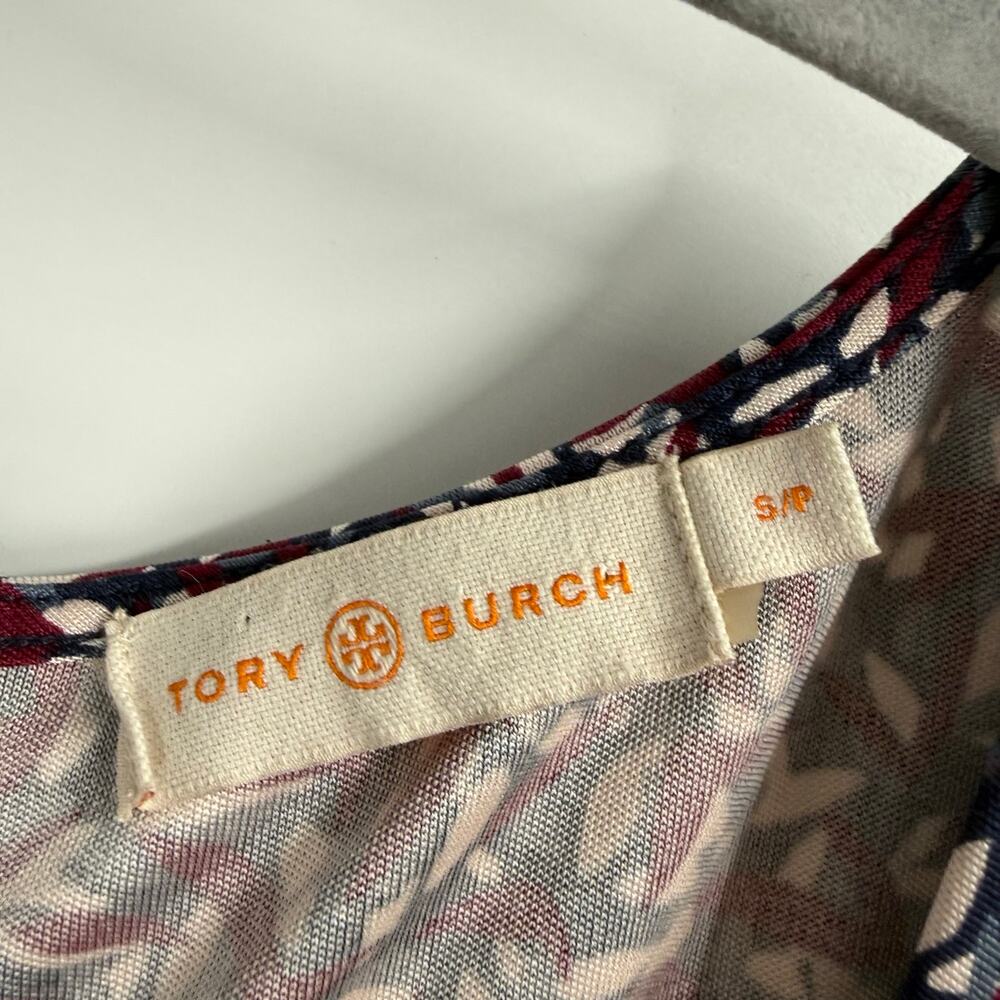 Tory Burch Dress Womens Small Burgundy Confetti Print 100% Silk Ruched - Picture 3 of 9